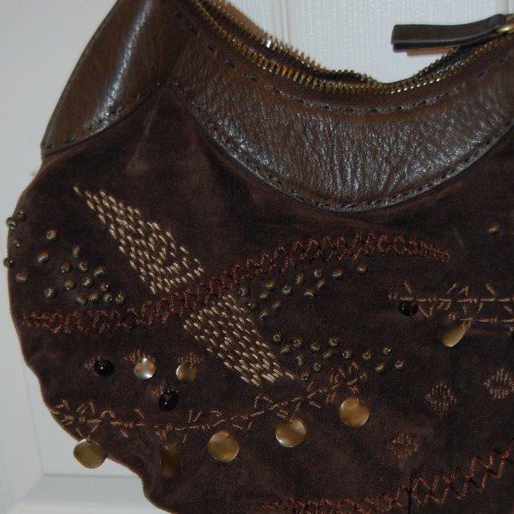 David & Scotti Brown Leather & Soft Material Small Purse W/ Embroidery& Beads - Picture 4 of 16
